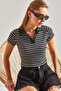 Women's Black and White Polo Collar Striped Blouse 60111031 - 2