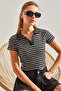 Women's Black and White Polo Collar Striped Blouse 60111031 - 5