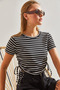Women's Black and White Crew Neck Striped Blouse 60111032