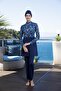 Women's Full Covered Wave Patterned Hijab Swimsuit Navy Blue - 4