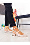 Beige Color Patent Leather Thick Heel Ankle Strap Women's Ballerinas - 6