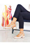 Beige Color Patent Leather Thick Heel Ankle Strap Women's Ballerinas - 3