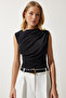 Women's Black Gathered Sleeveless Knitted Blouse YU00015 - 3