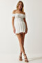 Women's Ecru Carmen Collar Mini Woven Jumpsuit Dress UB00263 - 2