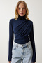 Women's Navy Blue Ruched Detail Mock Neck Sandy Blouse FF00135 - 3