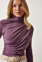 Women's Lilac Ruched Detail Mock Neck Sandy Blouse FF00135 - 3