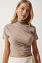 Women's Beige Ruched Mock Neck Knit Blouse RC00150 - 2