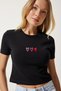 Women's Black Heart Embroidered Crop Knitted T-Shirt MX00158 - 2