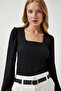 Women's Black Square Collar Textured Knitted Blouse DD01111 - 3