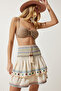 Women's Beige Ethnic Patterned Raw Linen Skirt RG00014 - 3