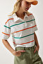 Women's Ecru Orange Polo Collar Striped Short Knitted T-Shirt HF00454 - 3