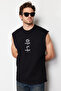 Black Oversize/Loose Cut Far East Text Printed 100% Cotton T-Shirt/Undershirt Tmnss22Al0108