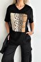 Women's Black V-Neck Large Size Leopard Sequin Sequin Embroidered 100% Cotton Large Size T-Shirt - 4