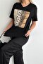 Women's Black V-Neck Large Size Leopard Sequin Sequin Embroidered 100% Cotton Large Size T-Shirt - 3