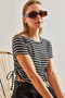 Women's Black and White Crew Neck Striped Blouse 60111032 - 2