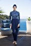 Women's Full Covered Wave Patterned Hijab Swimsuit Navy Blue - 3