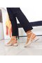 Beige Color Patent Leather Thick Heel Ankle Strap Women's Ballerinas - 5