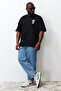 Black Plus Size Oversize Fit Cotton T-Shirt with Far East Graphic Print TMNSS24BF00032 - 4