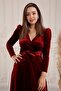 Double Breasted Collar Belted Velvet Watermelon Sleeve Dress 5006 Claret Red - 2