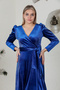 Double Breasted Collar Belted Velvet Watermelon Sleeve Dress 5006 Cobalt Blue - 6
