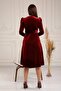 Double Breasted Collar Belted Velvet Watermelon Sleeve Dress 5006 Claret Red - 4