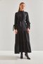 Women's Black Modest Gofre Fabric Dress with Buttoned Sleeves and Tieable Waist, Islamic Clothing 60151018 - 6