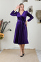 Double Breasted Collar Belted Velvet Watermelon Sleeve Dress 5006 Purple - 5