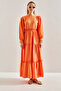 Women's Orange Modest Three-Layer Flared Linen Ayrobin Hijab Dress 60151009 - 7