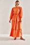 Women's Orange Modest Three-Layer Flared Linen Ayrobin Hijab Dress 60151009 - 2