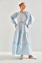 Women's White Blue Modest Three Layered Flared Linen Ayrobin Hijab Dress 60151010 - 3