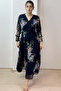 Navy Blue Floral Double Breasted Collar Plus Size Chiffon Dress - 3
