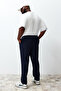 Navy Blue Large Size Regular Fit Elastic Waist Linen Look Loose Trousers Tmnss24Ar00000 - 6
