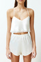 Bride/Bridal Beyaz Dantelli İp Askılı Crop Saten Şortlu Dokuma Pijama Takımı THMSS22PT0264 - 8