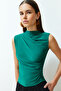 Green Zero Sleeve Gathered Body Fitted Flexible Knitted Blouse TWOSS24BZ00486 - 3