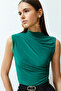 Green Zero Sleeve Gathered Body Fitted Flexible Knitted Blouse TWOSS24BZ00486