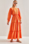 Women's Orange Modest Three-Layer Flared Linen Ayrobin Hijab Dress 60151009