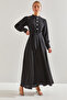 Women's Black Modest Dress with Stone Buttons on the Collar and Sleeves 60151011