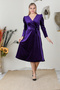 Double Breasted Collar Belted Velvet Watermelon Sleeve Dress 5006 Purple - 2