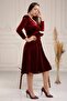 Double Breasted Collar Belted Velvet Watermelon Sleeve Dress 5006 Claret Red - 6