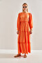 Women's Orange Modest Three-Layer Flared Linen Ayrobin Hijab Dress 60151009 - 3