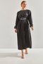 Women's Black Modest Belted Balloon Sleeve Satin Hijab Dress 60151013 - 5