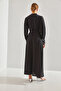 Women's Black Modest Dress with Stone Buttons on the Collar and Sleeves 60151011 - 2