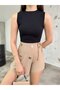 Women's Corded Crew Neck Zero Sleeve Fitted/Fitted Crop Top Blouse - 2
