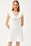 Women's Ecru V-Neck Openwork Knitwear Bell Dress ELB-19002071 - 4