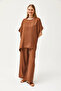 Women's Tan Top Loose Blouse with Bottom Pocket Palazzo Linen Content Set TKM-19000266 - 5