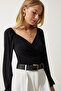 Women's Black Elastic Balloon Sleeve Sandy Knitted Blouse FF00154 - 4