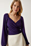 Women's Purple Elastic Balloon Sleeve Sandy Knitted Blouse FF00154