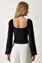 Women's Black Elastic Balloon Sleeve Sandy Knitted Blouse FF00154 - 6