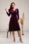 Double Breasted Collar Belted Velvet Watermelon Sleeve Dress 5006 Plum - 2