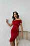 Gathered Side Madonna Collar Sandy Fabric Dress Red - 4